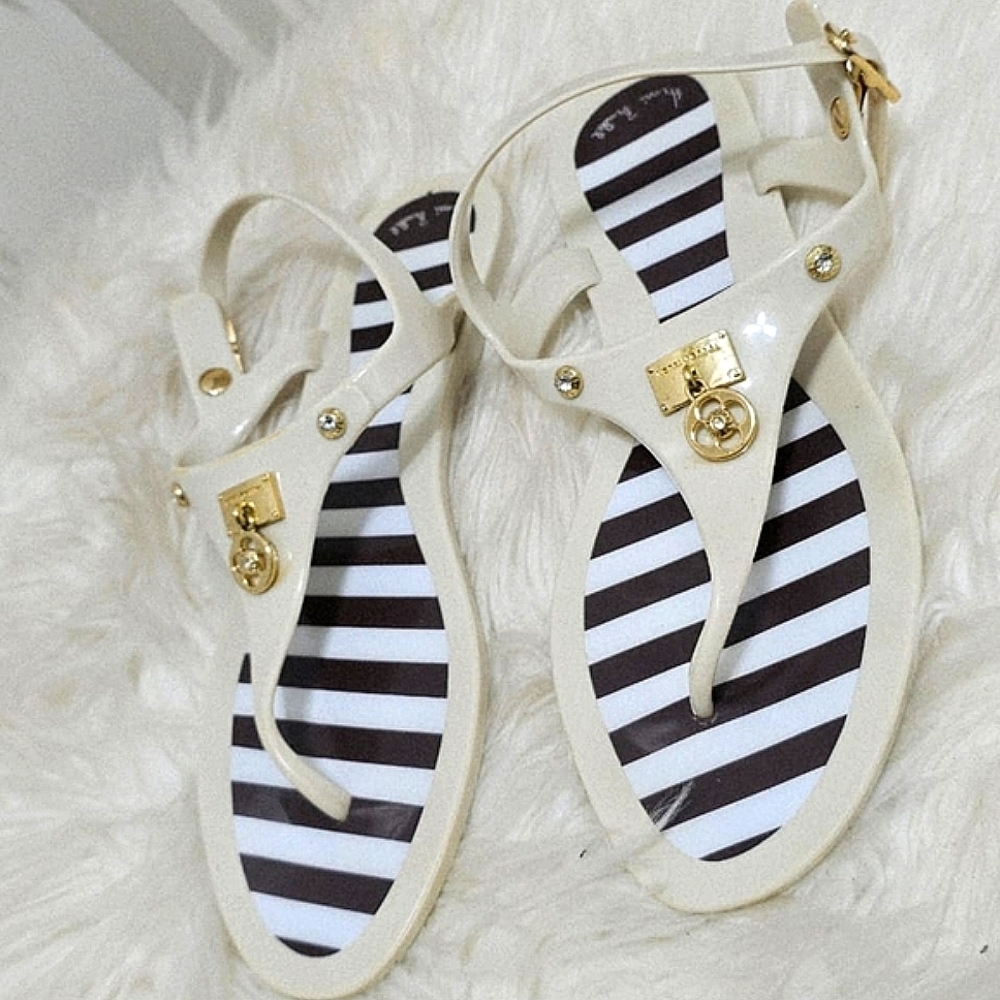 Henri Bendel Striped Goldtone Crest Jelly Ankle Strap Sandals Size 7🌴